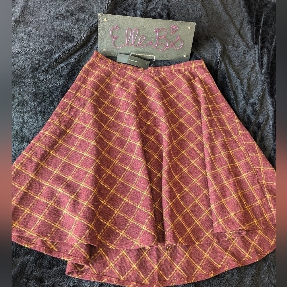 NWT Allegra K Cranberry Yellow Plaid Midi Skirt XL